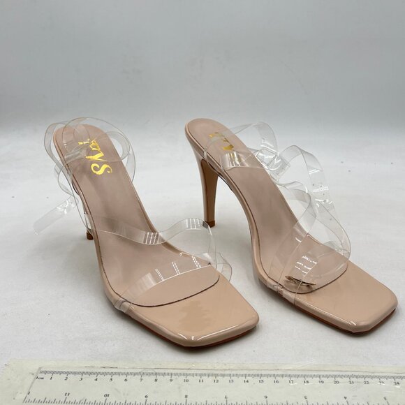 FYS Clear Square Toe Stiletto Sandals Transparent Ankle Strap High Heels Shoes - Picture 4 of 8